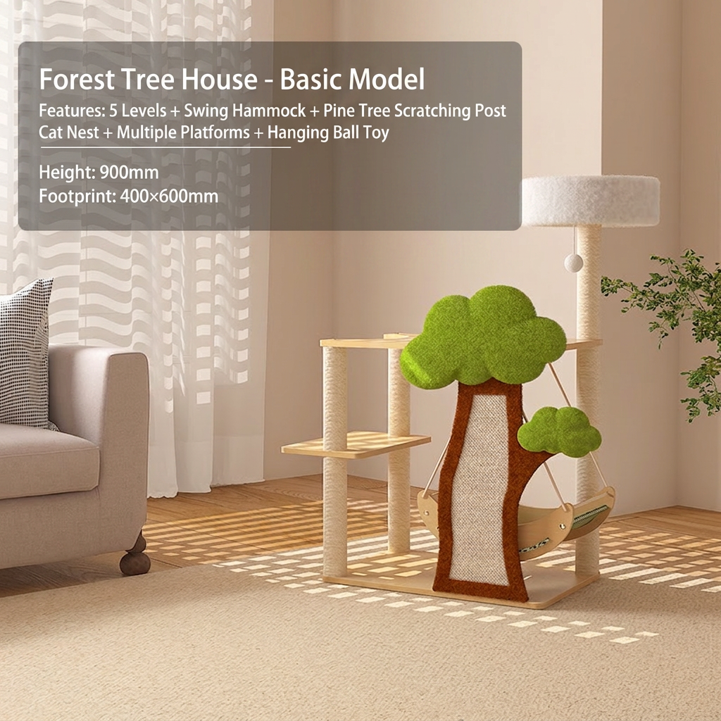 Forest Tree House Cat Tree for Large Cats 5-Level Cat Climbing Tower featuring 5 levels, swing hammock and scratching post.