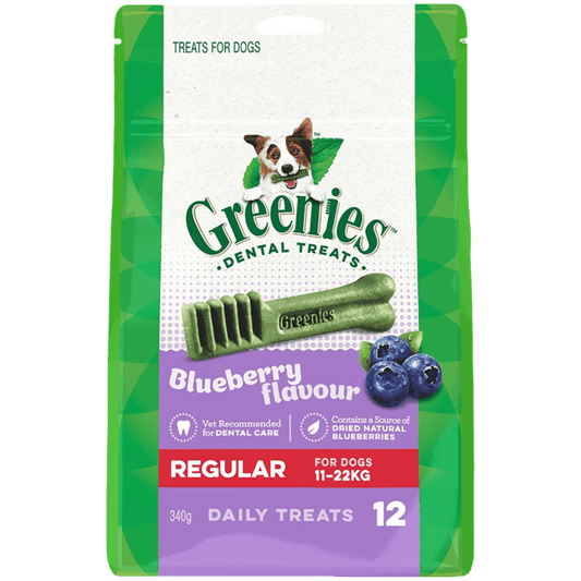 Greenies Blueberry Flavour Regular Dental Dog Treats 12 Chews package featuring dental treats with blueberry flavor.