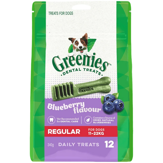 Greenies Blueberry Flavour Regular Dental Dog Treats 12 Chews package featuring dental treats with blueberry flavor.