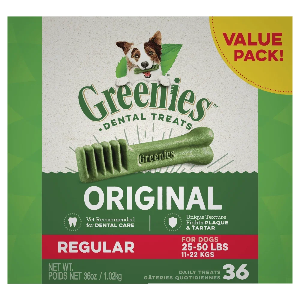 Greenies Original Regular Dental Dog Treats 36 Chews value pack for dogs, vet recommended for dental care.