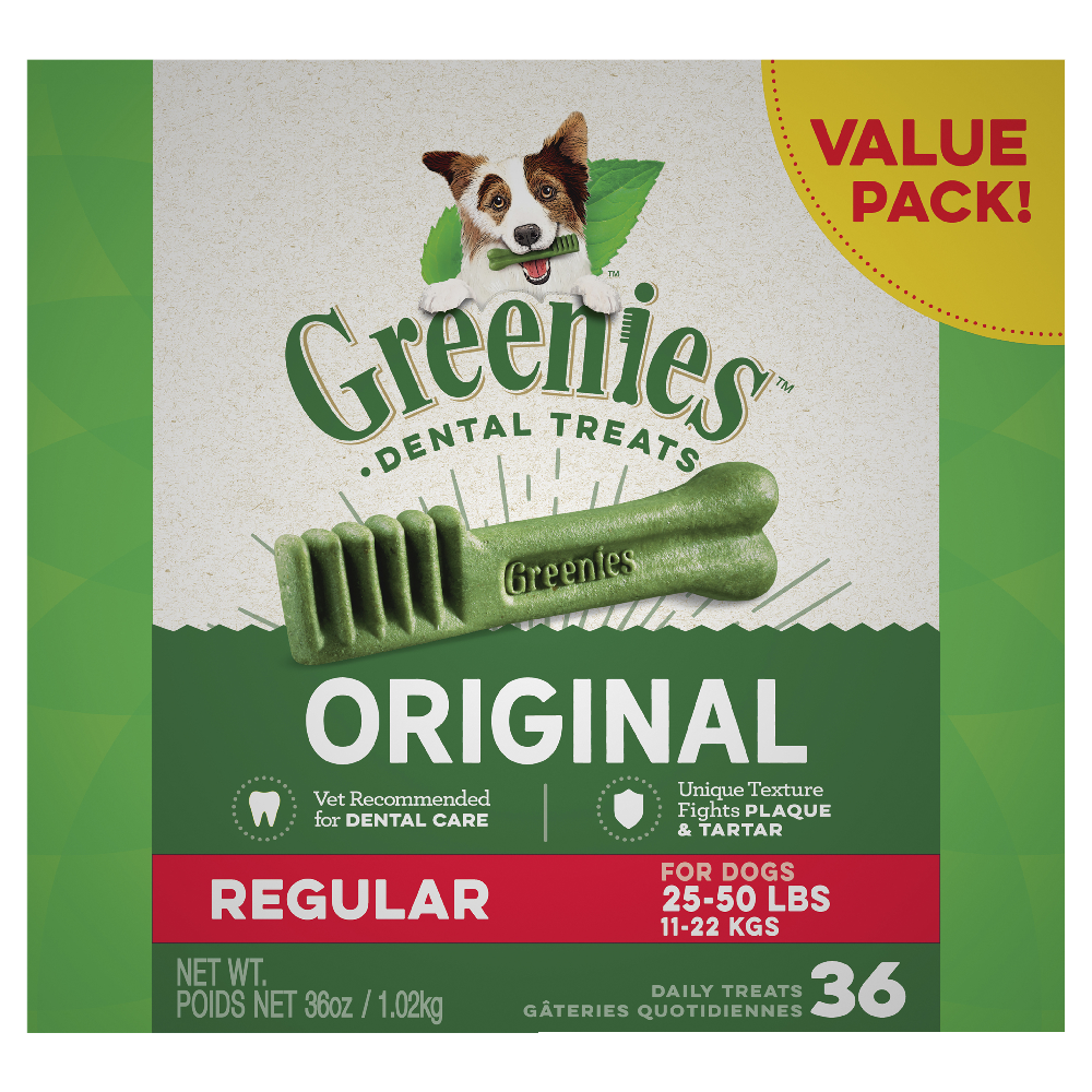 Greenies Original Regular Dental Dog Treats 36 Chews value pack for dogs, vet recommended for dental care.