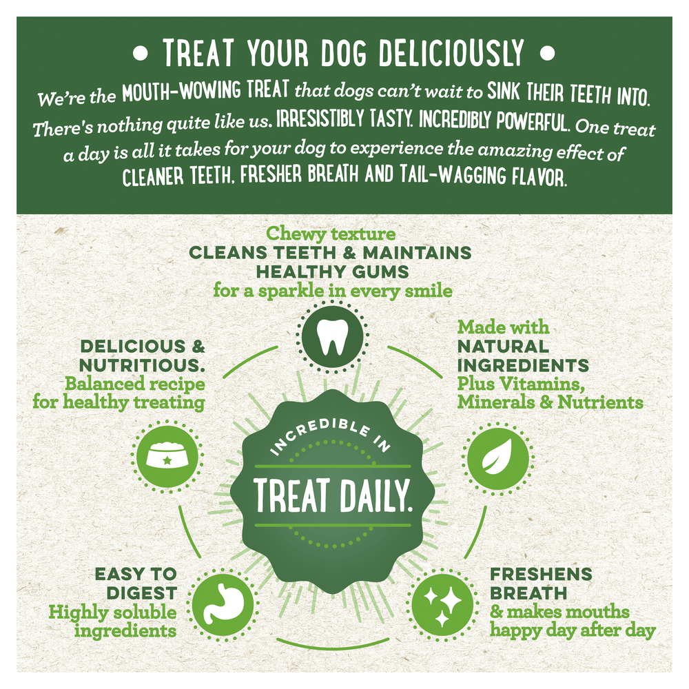 Greenies Original Regular Dental Dog Treats 36 Chews infographic highlighting dental benefits and nutritional value.