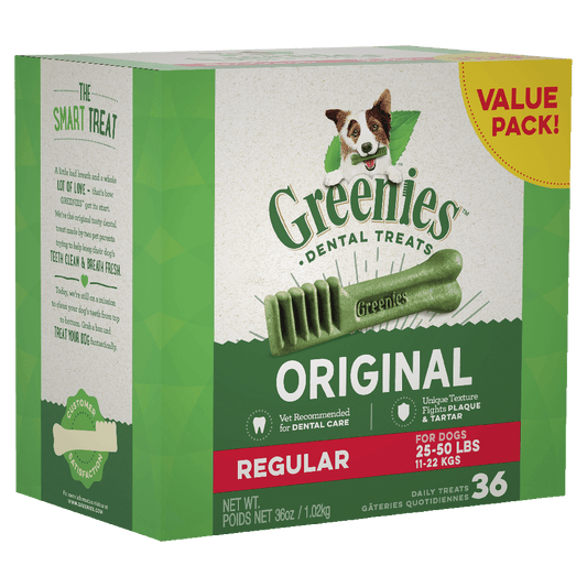 Greenies Original Regular Dental Dog Treats 36 Chews packaging showcasing dental benefits for dogs.