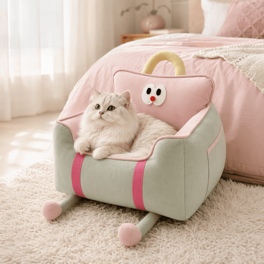 Cute cat lounging in a colorful pet booster seat with fun design and soft plush fabric.
