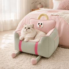 Cute cat lounging in a colorful pet booster seat with fun design and soft plush fabric.