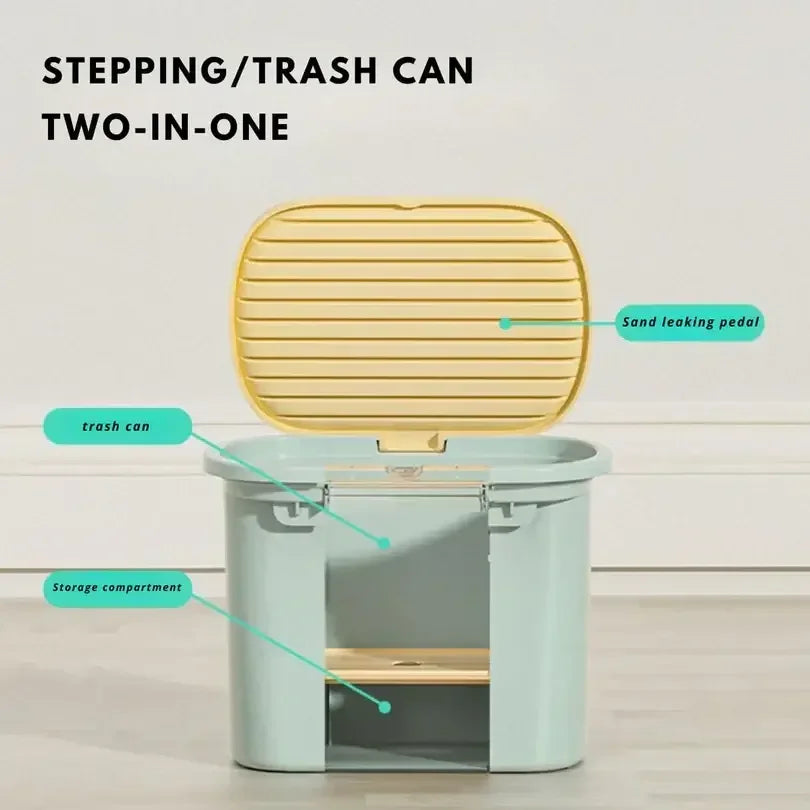 Two-in-one stepping trash can with sand leaking pedal and storage compartment for cat litter