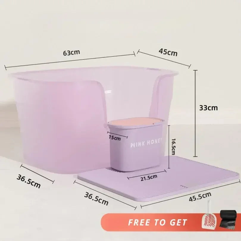 Pink cat litter box with dimensions, includes Wink Honey scoop and mat, free to get