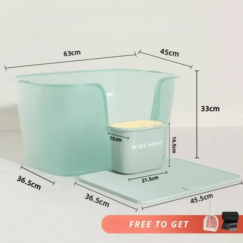 Mint green cat litter box with dimensions, includes scoop and mat, free to get