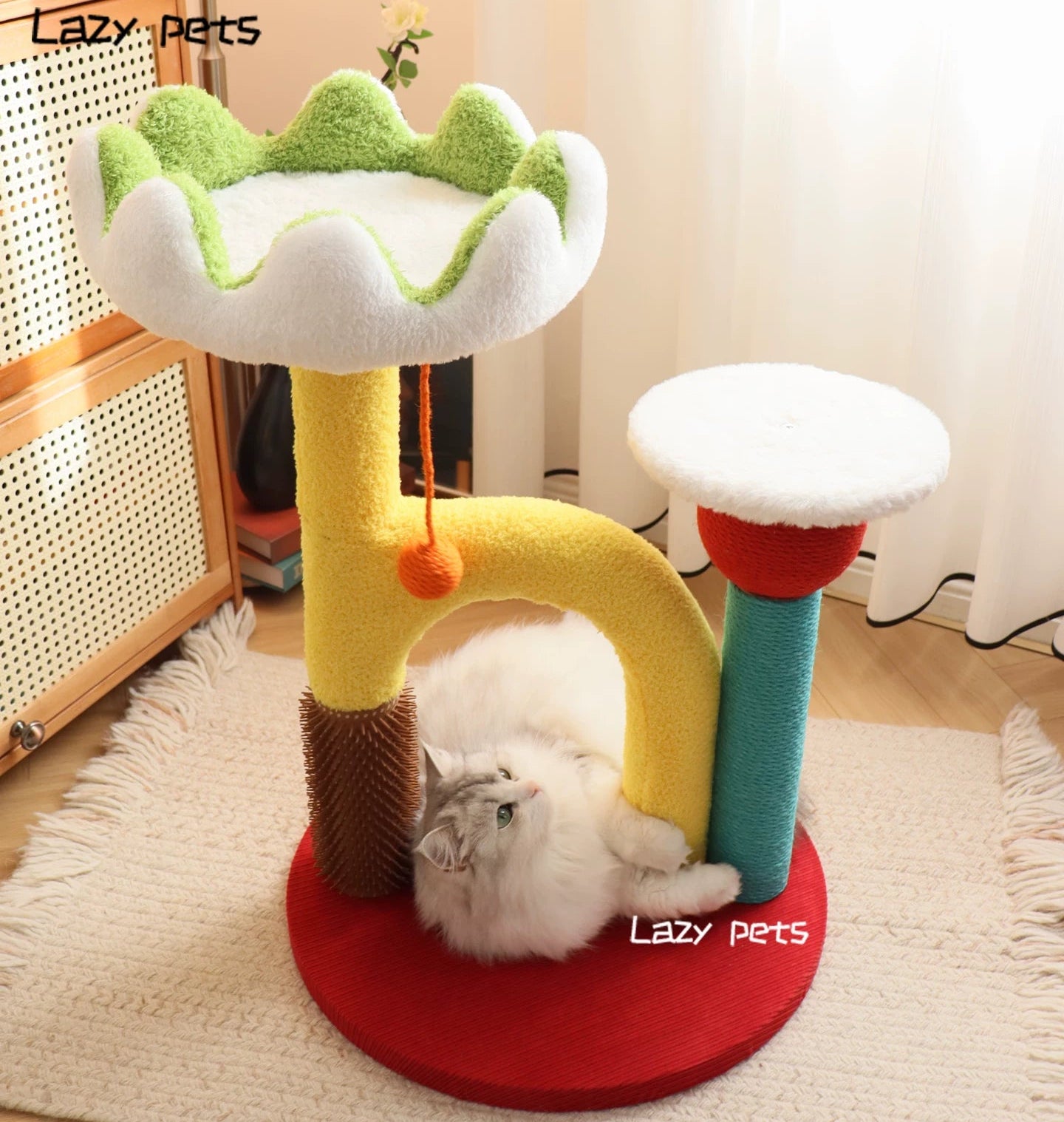 Lotus Flower Cat Tree Tower — 68cm Arch Cat Scratcher with Sisal Post & Flower Nest featuring a playful cat.