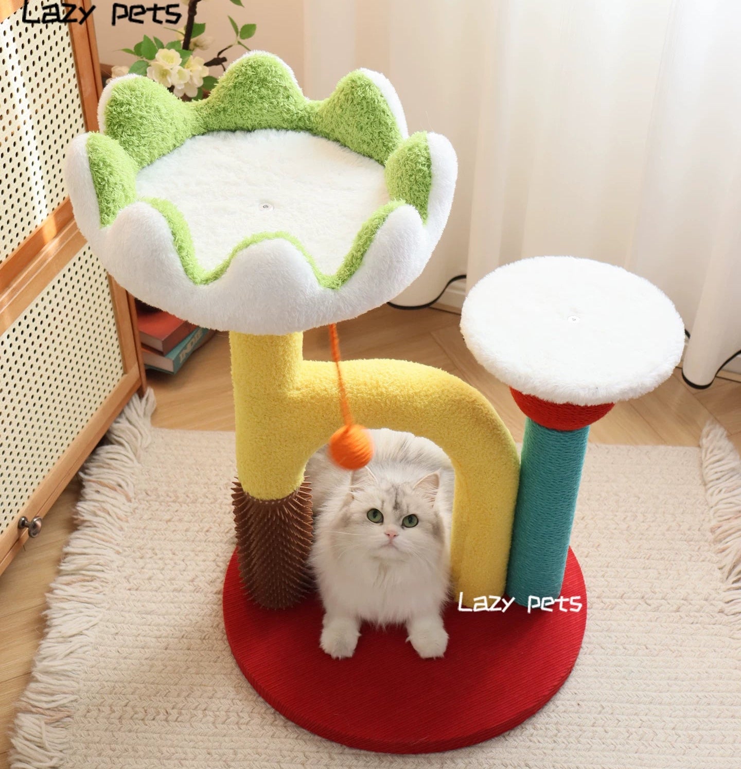 Lotus Flower Cat Tree Tower — 68cm Arch Cat Scratcher with Sisal Post & Flower Nest with lounging cat