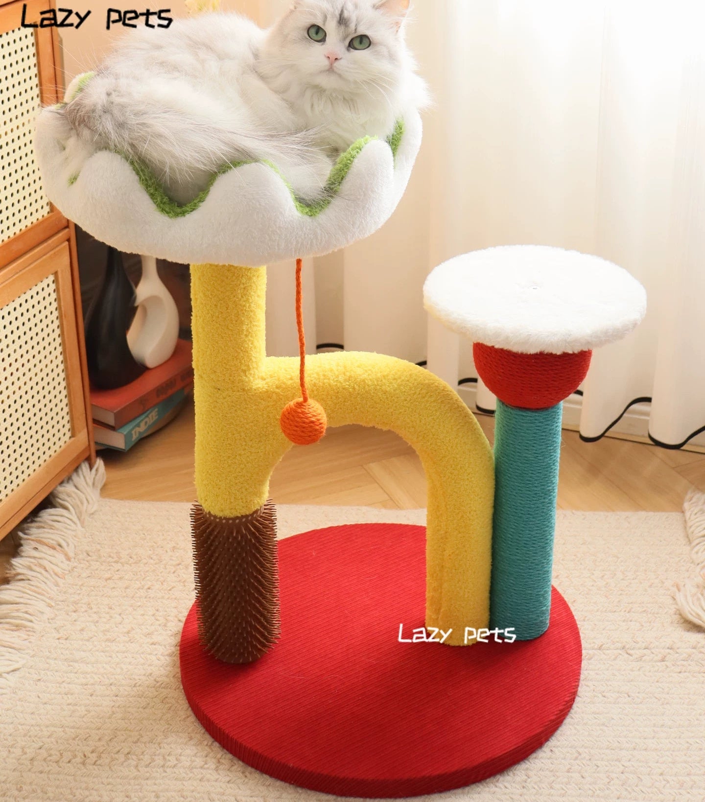 Lotus Flower Cat Tree Tower — 68cm Arch Cat Scratcher with Sisal Post & Flower Nest with a cat lounging on it.