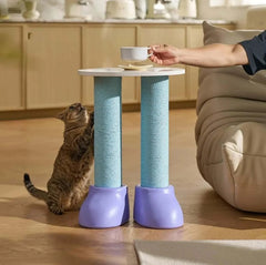 Cat scratching blue sisal post table with purple base, stylish pet furniture for indoor cats