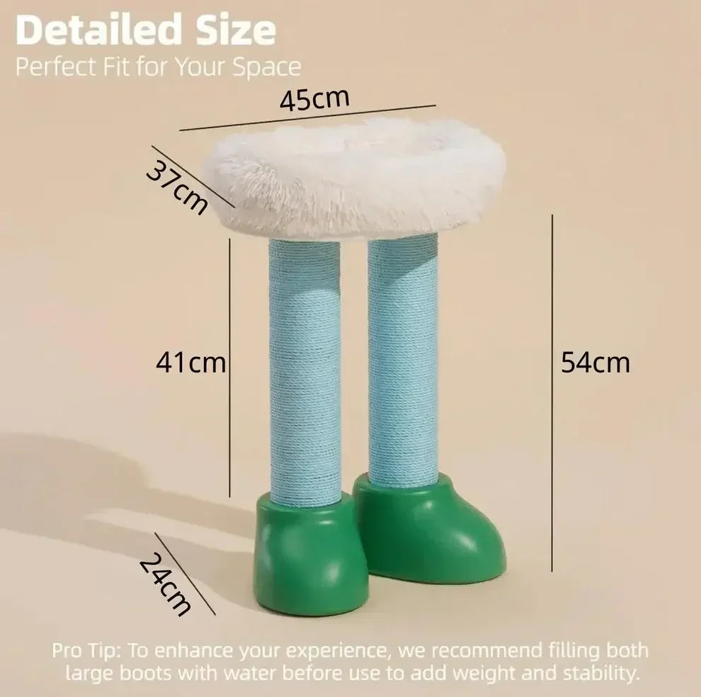 Stylish cat scratching post with soft white perch, blue sisal columns, and green boot bases, ideal for pet spaces.