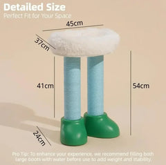 Stylish cat scratching post with soft white perch, blue sisal columns, and green boot bases, ideal for pet spaces.