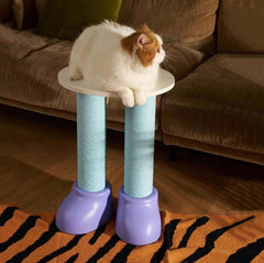 Fluffy cat lounging on stylish blue scratching post with purple bases, perfect for pet comfort.