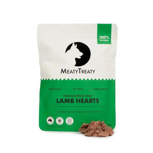 Meaty Treaty Freeze Dried Lamb Hearts for Dogs & Cats – Cat Treats Australia 100g packaging with premium lamb hearts.