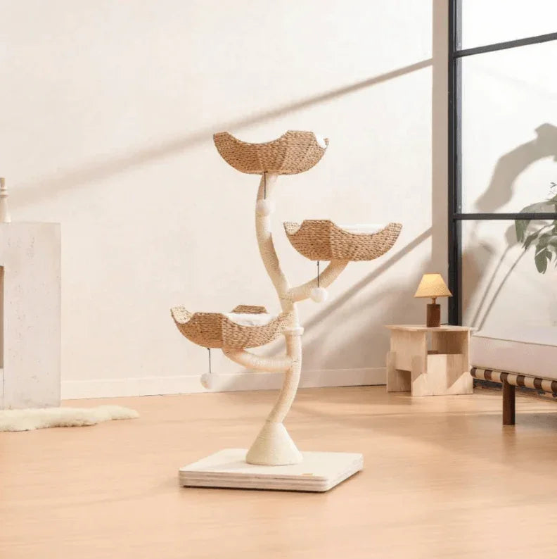 MICHU Iris Cat Tower Deluxe 3-Tier Designer Flower Cat Tree in a modern living room setting