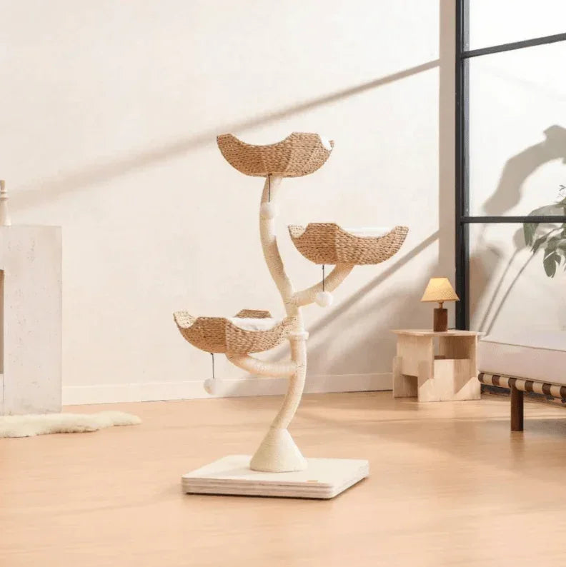 Stylish multi-level cat tree with woven baskets and scratching posts for modern pet homes