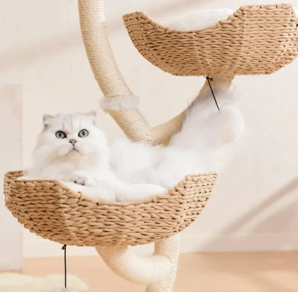 Fluffy white cat lounging in woven wicker cat tree basket, perfect for stylish pet supplies