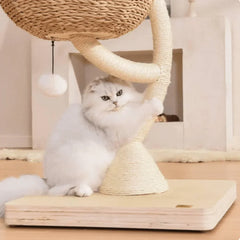 MICHU Iris Cat Tower Deluxe 3-Tier Designer Flower Cat Tree with a fluffy white cat playing on it.