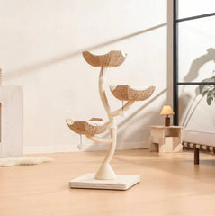 Stylish multi-level cat tree with woven baskets and scratching posts for modern pet homes