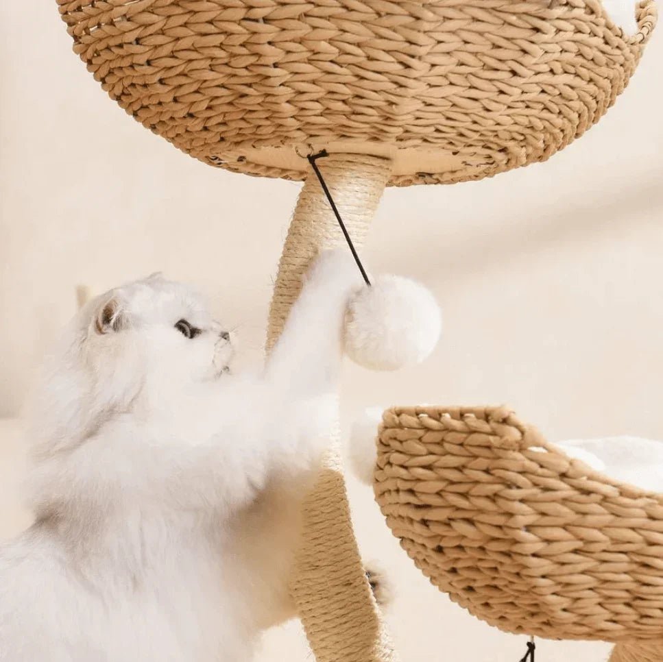 MICHU Ivy Cat Tower Deluxe 4-Tier Designer Tall Cat Tree featuring a playful cat engaging with its pom-pom toy.