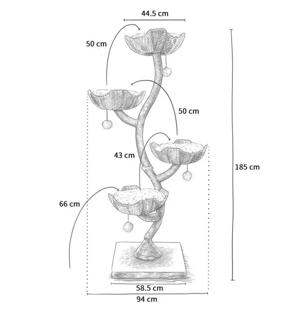 Tall cat tree with multiple wicker platforms, hanging toys, and detailed dimensions for cat climbing and resting