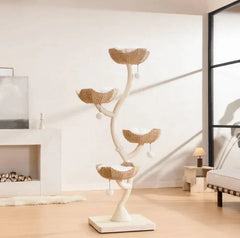 Stylish multi-level cat tree with woven baskets and plush beds for cats, perfect for modern homes
