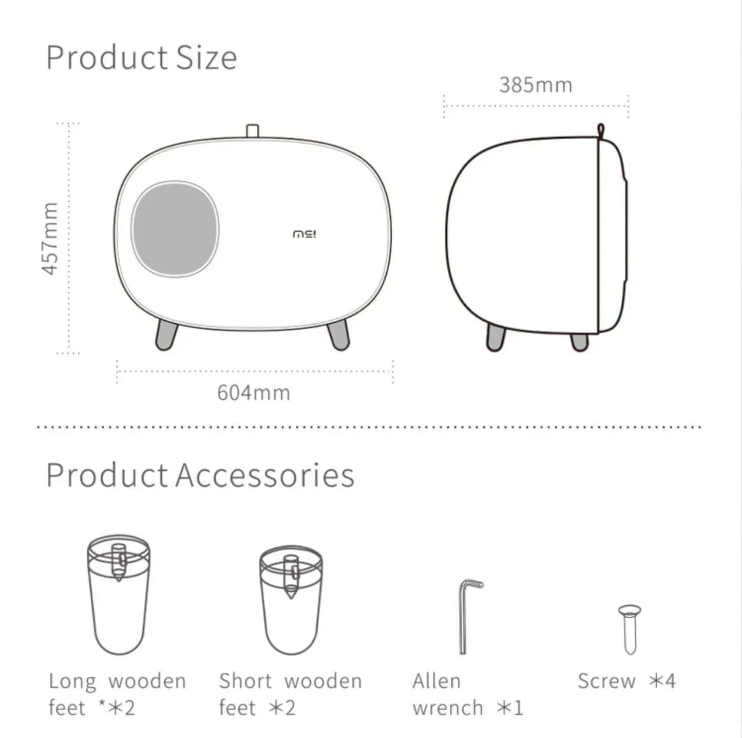 Modern pet bed with dimensions 604x457x385mm, includes wooden feet, Allen wrench, and screws for assembly