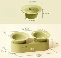 Sage green elevated pet bowl set with dimensions, ideal for cats and dogs