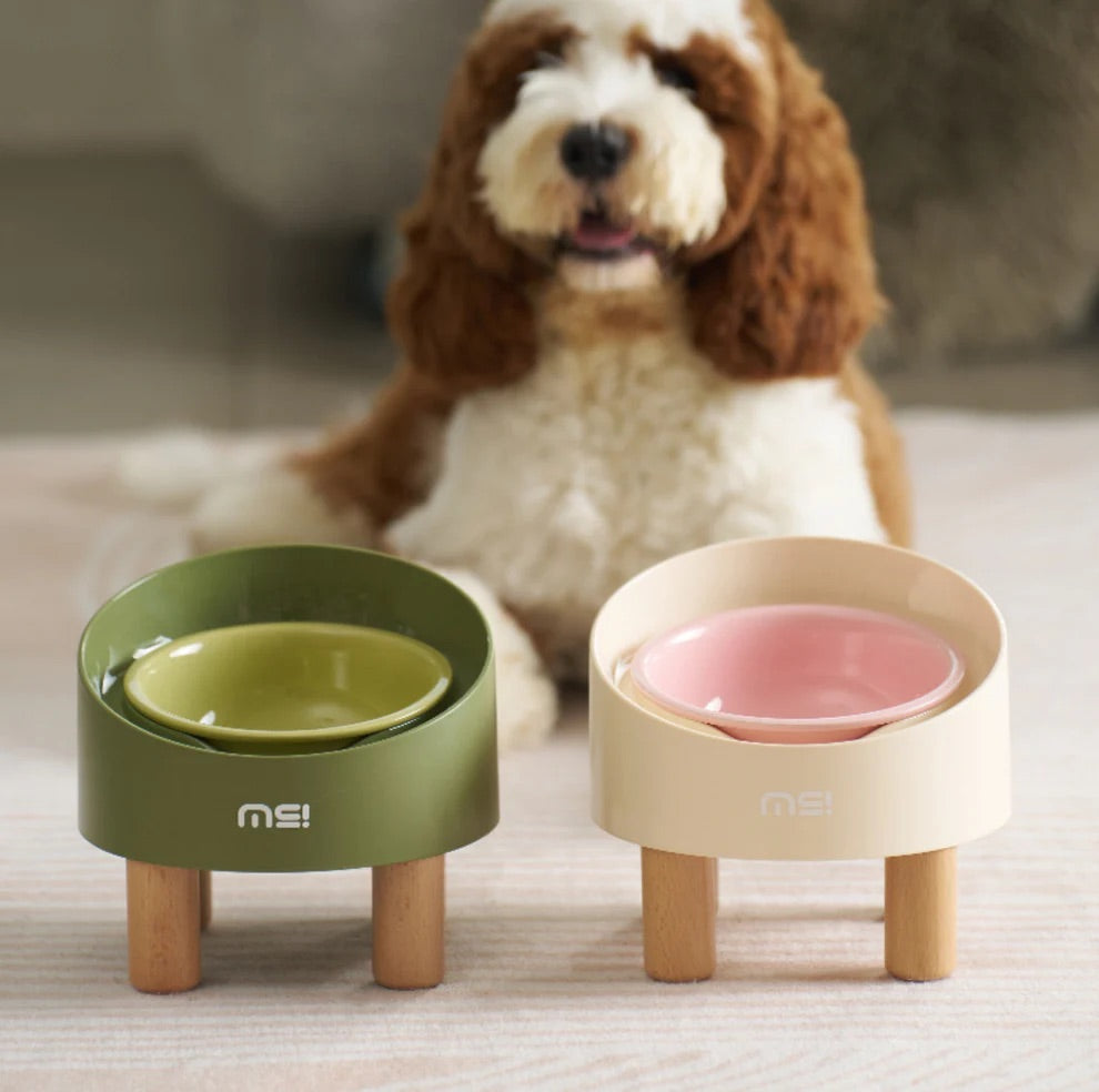 Makesure Rolls Elevated Ceramic Pet Bowl with Wooden Stand-Petroom