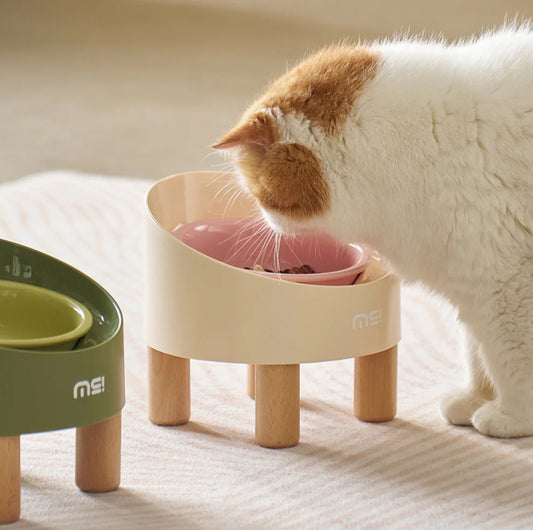 Makesure Rolls Elevated Ceramic Pet Bowl with Wooden Stand-Petroom