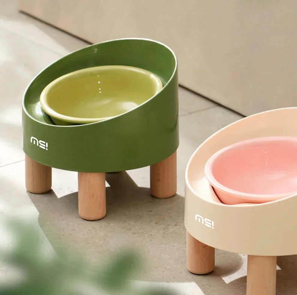 Makesure Rolls Elevated Ceramic Pet Bowl with Wooden Stand-Petroom