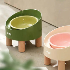 Makesure Rolls Elevated Ceramic Pet Bowl with Wooden Stand-Petroom
