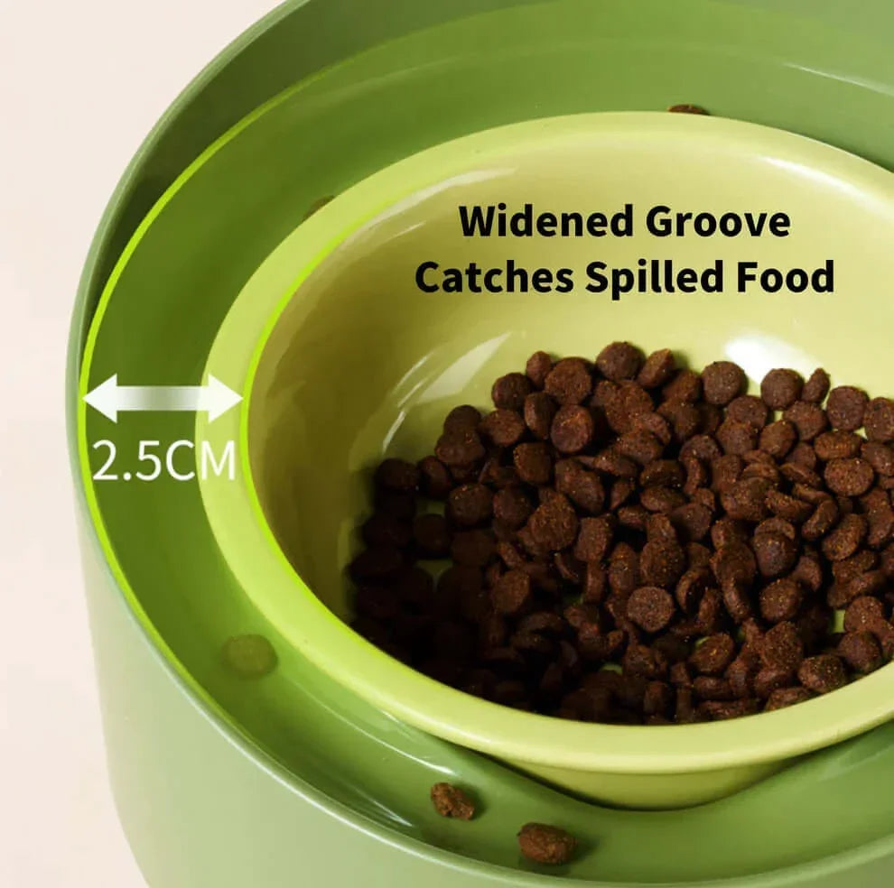 Green dog bowl with widened 2.5cm groove to catch spilled kibble, ideal for messy eaters.
