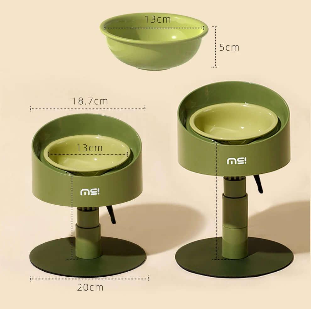 Adjustable height pet bowl stand with green ceramic bowl, ideal for cats and dogs, featuring 13cm diameter bowl and 20cm base.