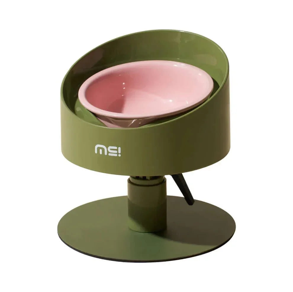 Olive green elevated pet bowl with pink ceramic insert, modern design for cats and dogs