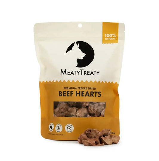 Meaty Treaty Freeze Dried Beef Hearts Australian Cat Treats for Dogs & Cats 100g packaging with premium beef hearts.