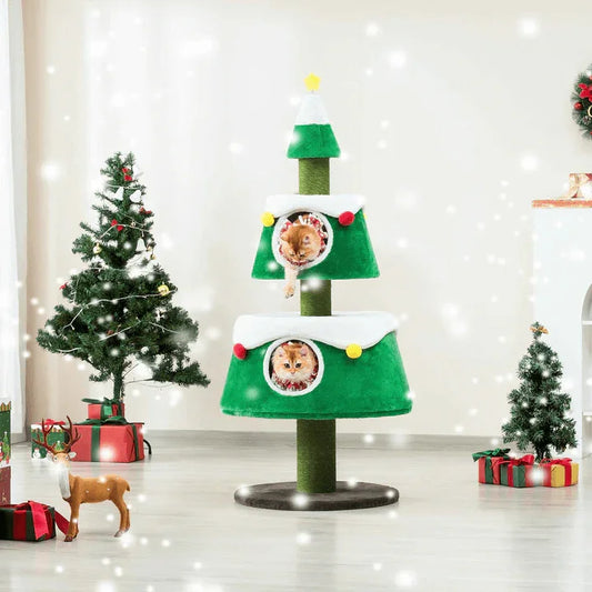 159cm Michu Christmas Cat Tree – The Best gift for Aussie Cats for Christmas with playful cats in green tree decoration.