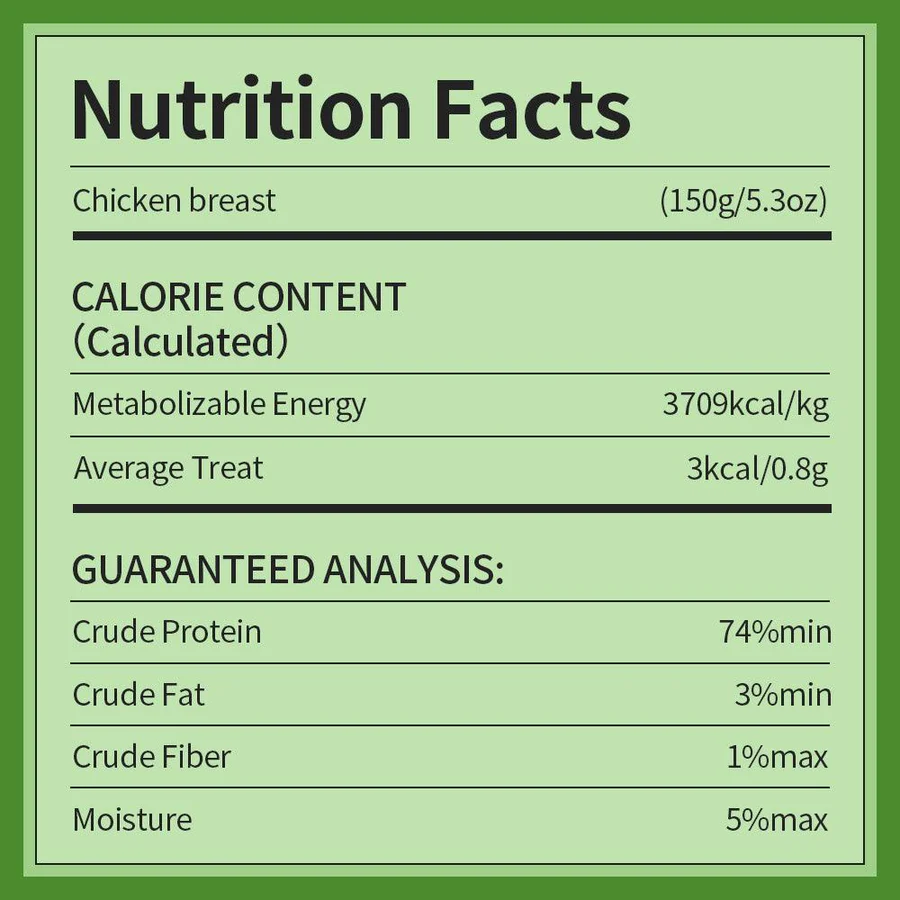Nutrition facts for Michu Freeze-Dried Raw Pet Food Dog & Cat Treat 150g - Made in Australia, showing calorie content and guaranteed analysis.