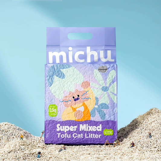 Michu Super Mixed Lite Tofu Cat Litter, unscented 2.5kg bag surrounded by litter piles and tiny figures