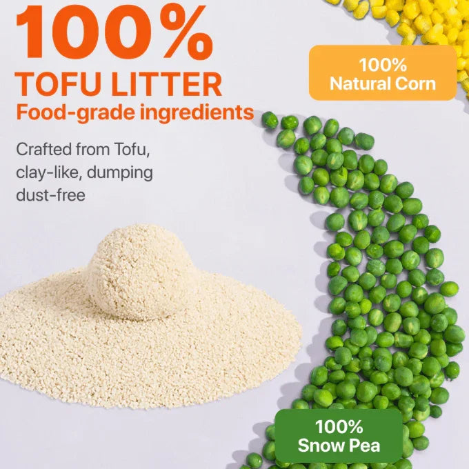 100% TOFU LITTER Food-grade ingredients crafted from Tofu, featuring natural corn and snow pea, dust-free texture.