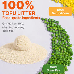 100% TOFU LITTER Food-grade ingredients crafted from Tofu, featuring natural corn and snow pea, dust-free texture.