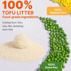 100% tofu cat litter made from food-grade ingredients, dust-free, with natural corn and snow pea accents