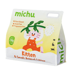 Michu Tofu Cat Litter For Kittens and Rabbits 2.5kg/6L packaging featuring a playful kitten and product details.