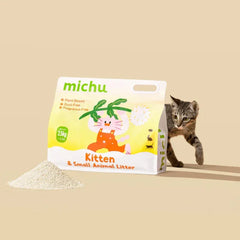 Michu Tofu Cat Litter For Kittens and Rabbits 2.5kg/6L bag with a playful kitten in a clean setting.