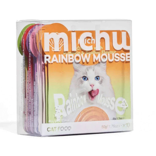 Michu Rainbow Mousse Wet Cat Food 5 Flavours- Complete Food/Wet Mixer and Topper 10pcs/Pack in a transparent package.