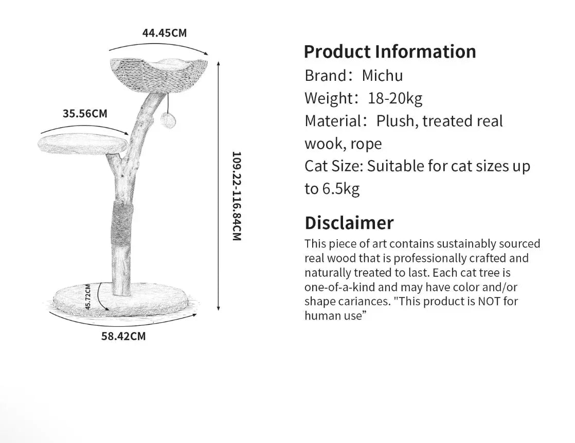 Michu cat tree with plush platforms, real wood base, and rope scratching post, ideal for cats up to 6.5kg