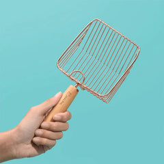 Stainless Steel Cat Litter Scoop Michu - 2 Styles held in hand, showcasing elegant rose gold design.