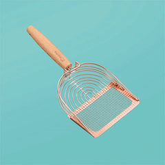 Stainless Steel Cat Litter Scoop Michu - 2 Styles with a wooden handle on a blue background.